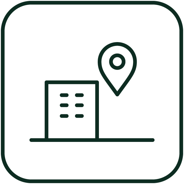 Icon of a building with a location pin above it.