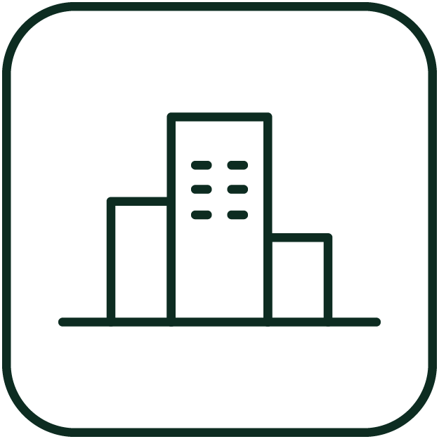 Icon of a bar chart with three bars of different heights inside a rounded square.