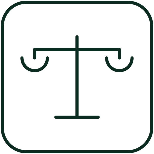 Minimalist icon of a balance scale, representing justice or fairness.
