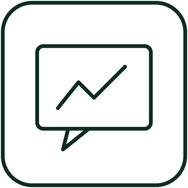 Icon of a speech bubble with a line graph showing an upward trend inside it.
