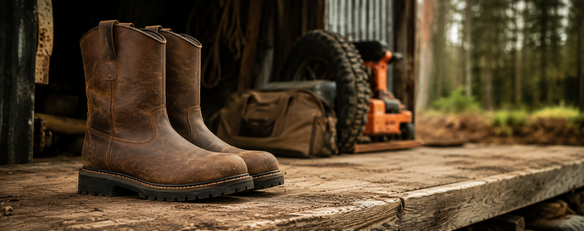 A pair of worn leather work boots placed on a wooden surface, with a blurred background of a chainsaw and a forest scene.