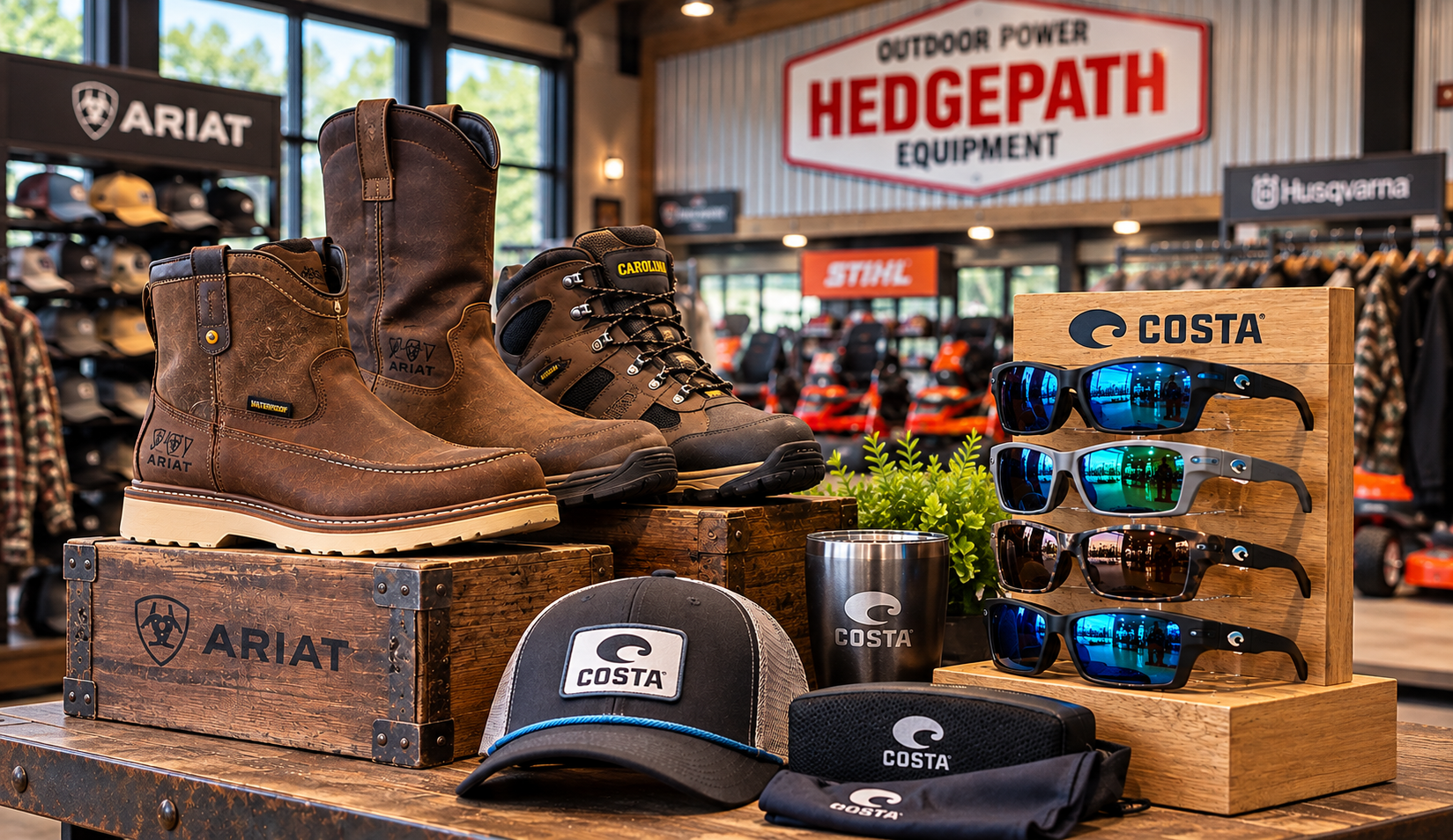 Display of outdoor and hunting gear including brown waterproof boots, sunglasses, hats, and a mug, arranged on wooden blocks in a retail store, with signs for brands like Costa, Ariat, and Hegdepath in the background.