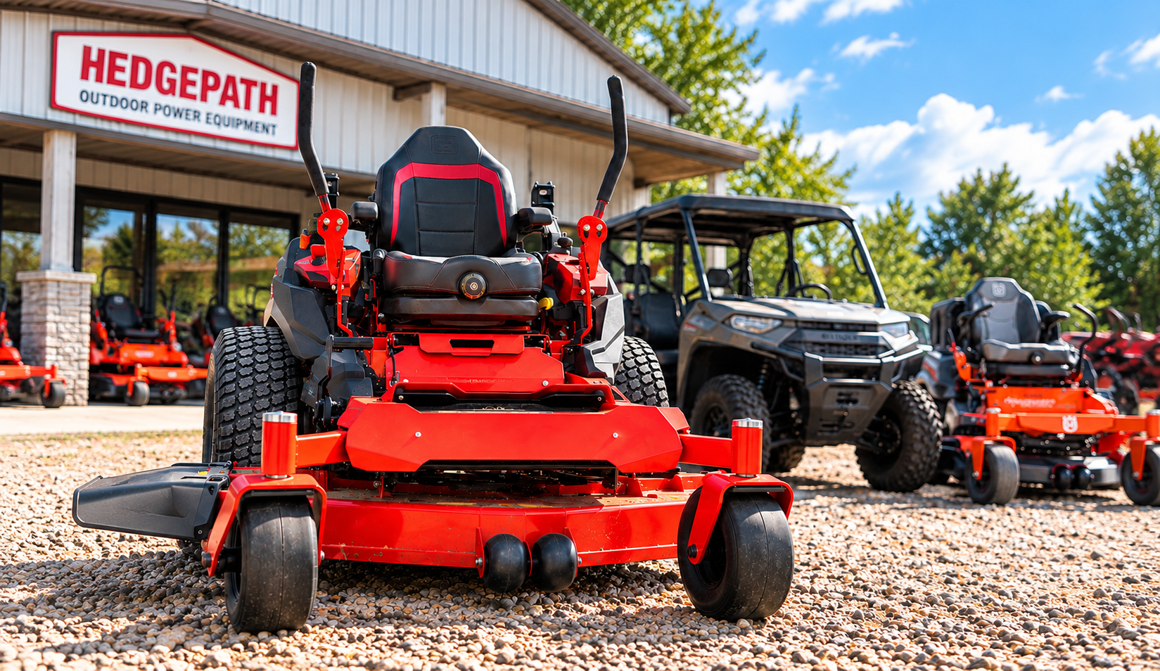Outdoor display of red and black commercial lawn equipment, including riding mowers and utility vehicles, in front of a store with a sign that reads 'Hedgepath Outdoor Power Equipment' under a blue sky with trees.