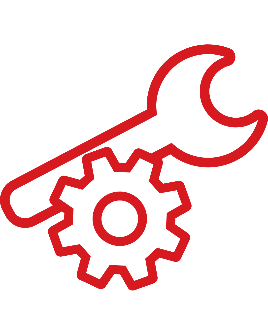 Red outline icon of a wrench, gear, and crescent moon on a black background.