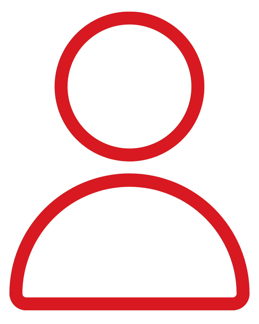 Outline of a person in red, with a circular head and a semi-circular body, on a black background.