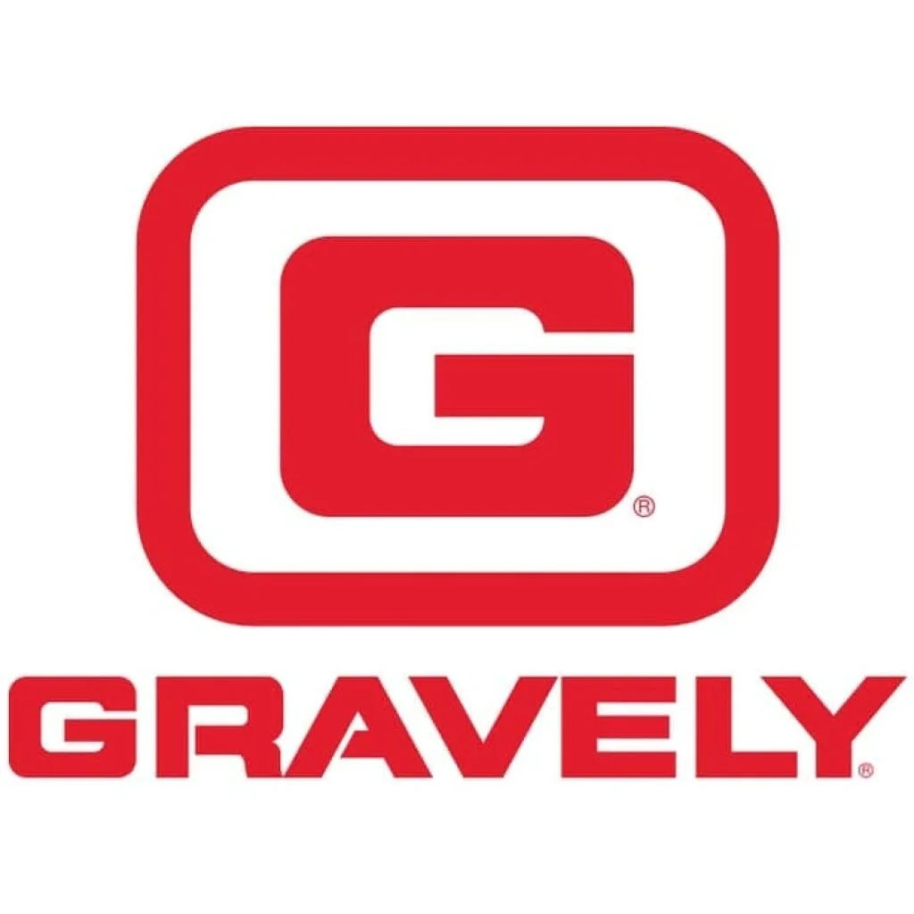 The logo of Gravely, featuring a red square with rounded edges and a white stylized letter 'G' inside, with the word 'GRAVELY' in bold red letters below.