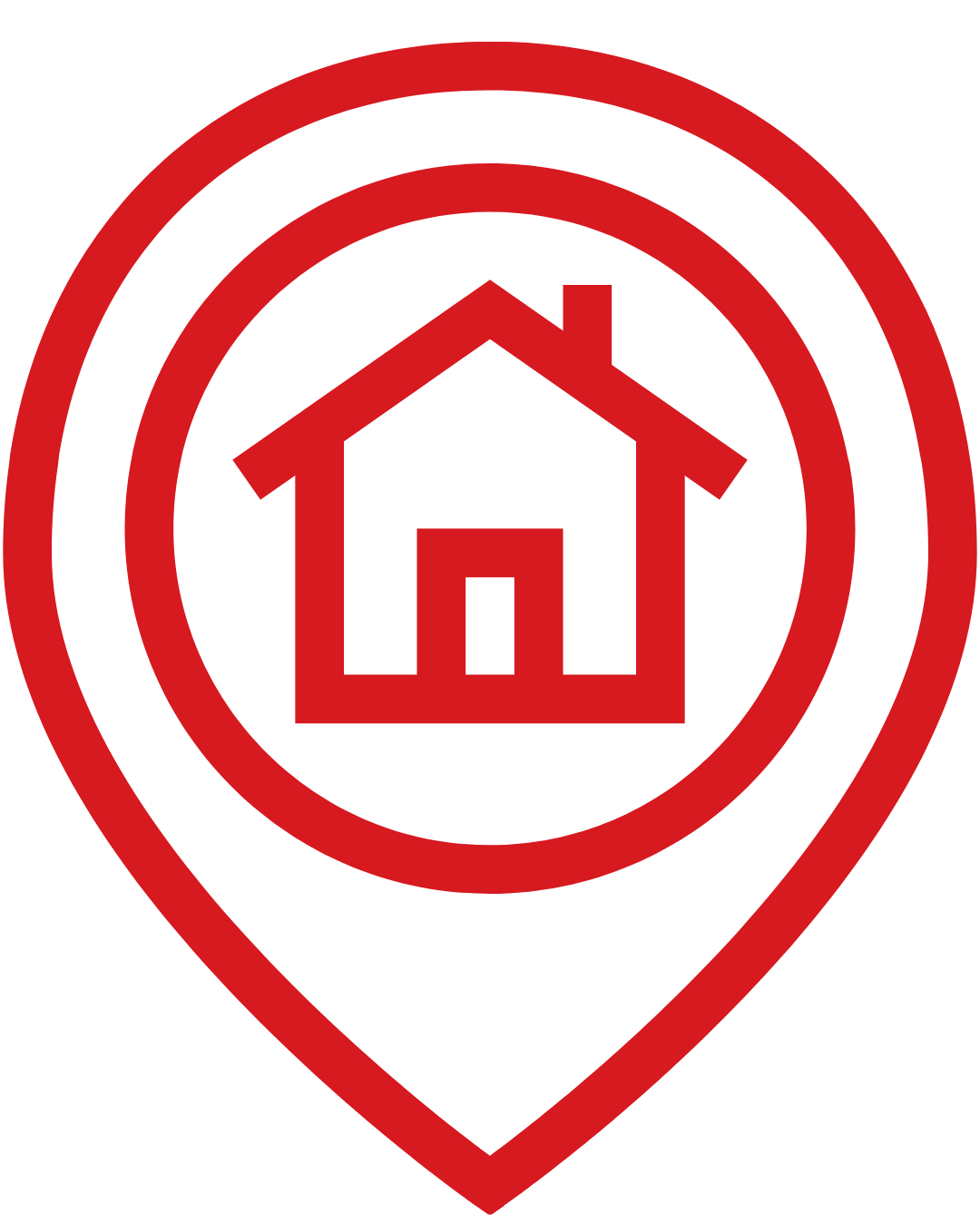 Red and black icon of a house inside a location pin marker.