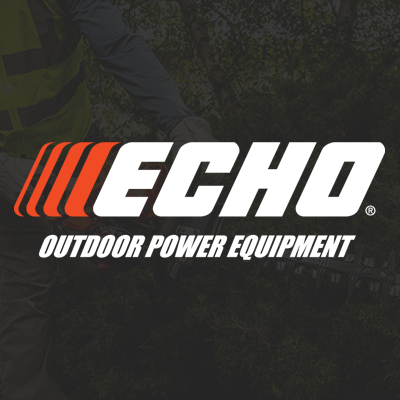 Echo Outdoor Power Equipment logo over a background with trees and a person in a yellow safety vest.