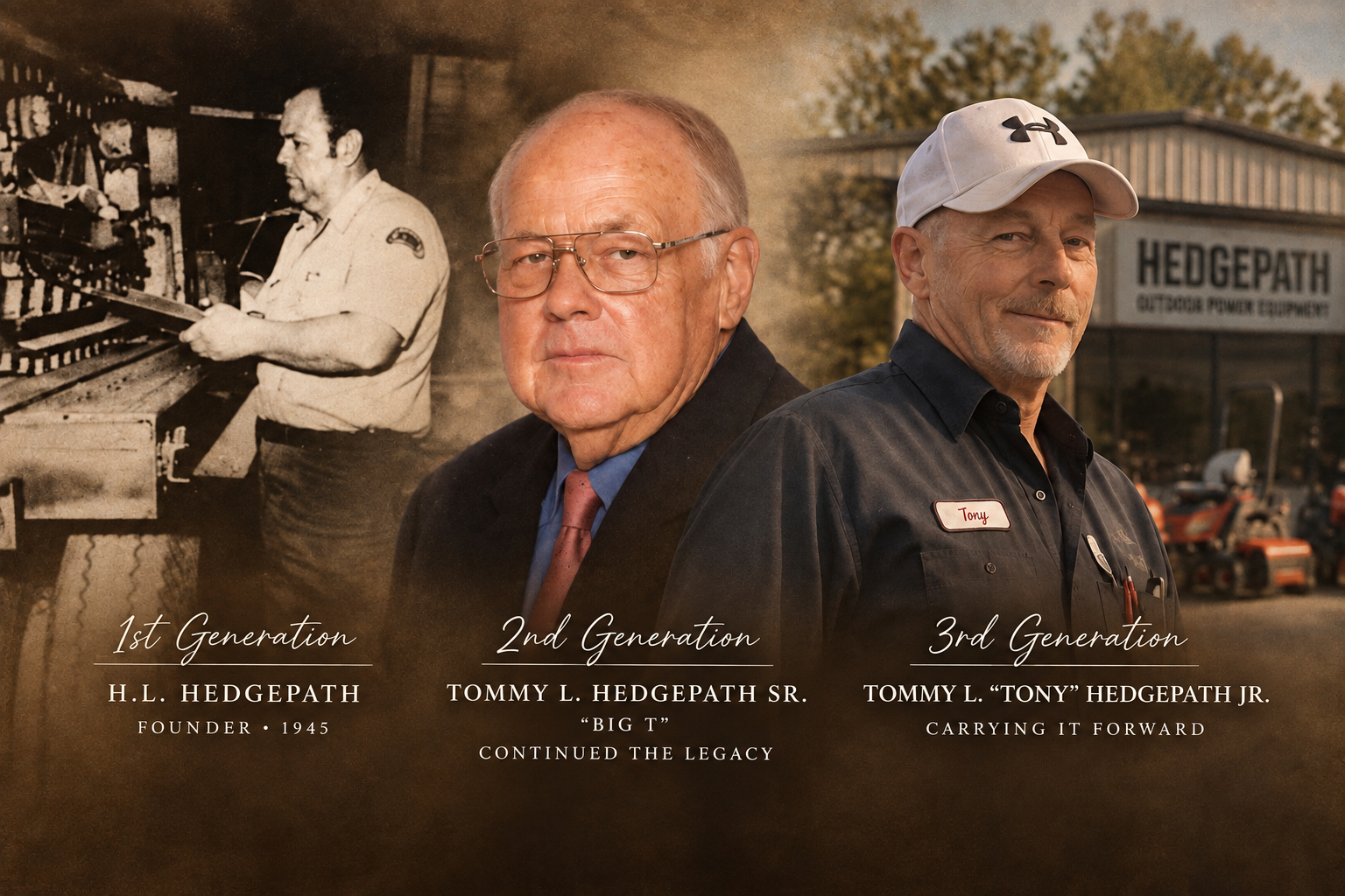 Family image showing three generations of the Hedgepath family. The first is H.L. Hedgepath, the founder in 1945, depicted in a black-and-white photo. The second is Tommy L. Hedgepath Sr., referred to as Big T, in a modern photo. The third is Tommy L. 'Tony' Hedgepath Jr., carrying the legacy, also in a modern photo, standing in front of a Hedgepath outdoor power equipment store.