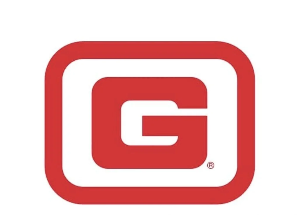Red and white logo with a stylized letter G inside a rounded square outline.