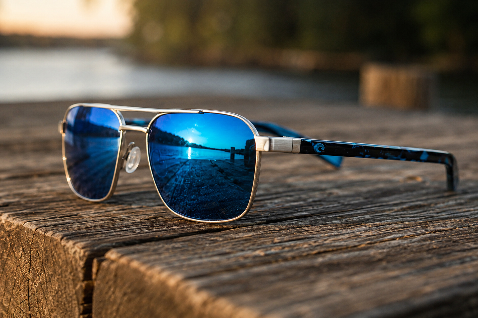 A pair of sunglasses with blue mirrored lenses resting on a weathered wooden surface outdoors, with a blurred background.