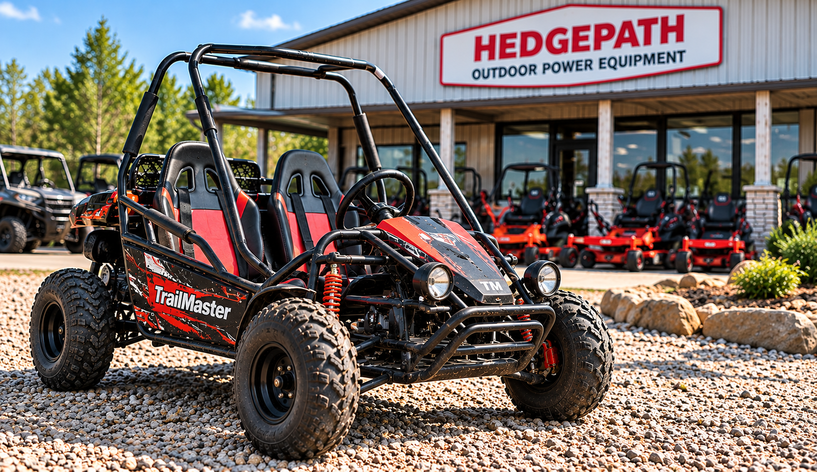 Red and black off-road trail vehicle with large tires and roll cage in front of outdoor equipment store.