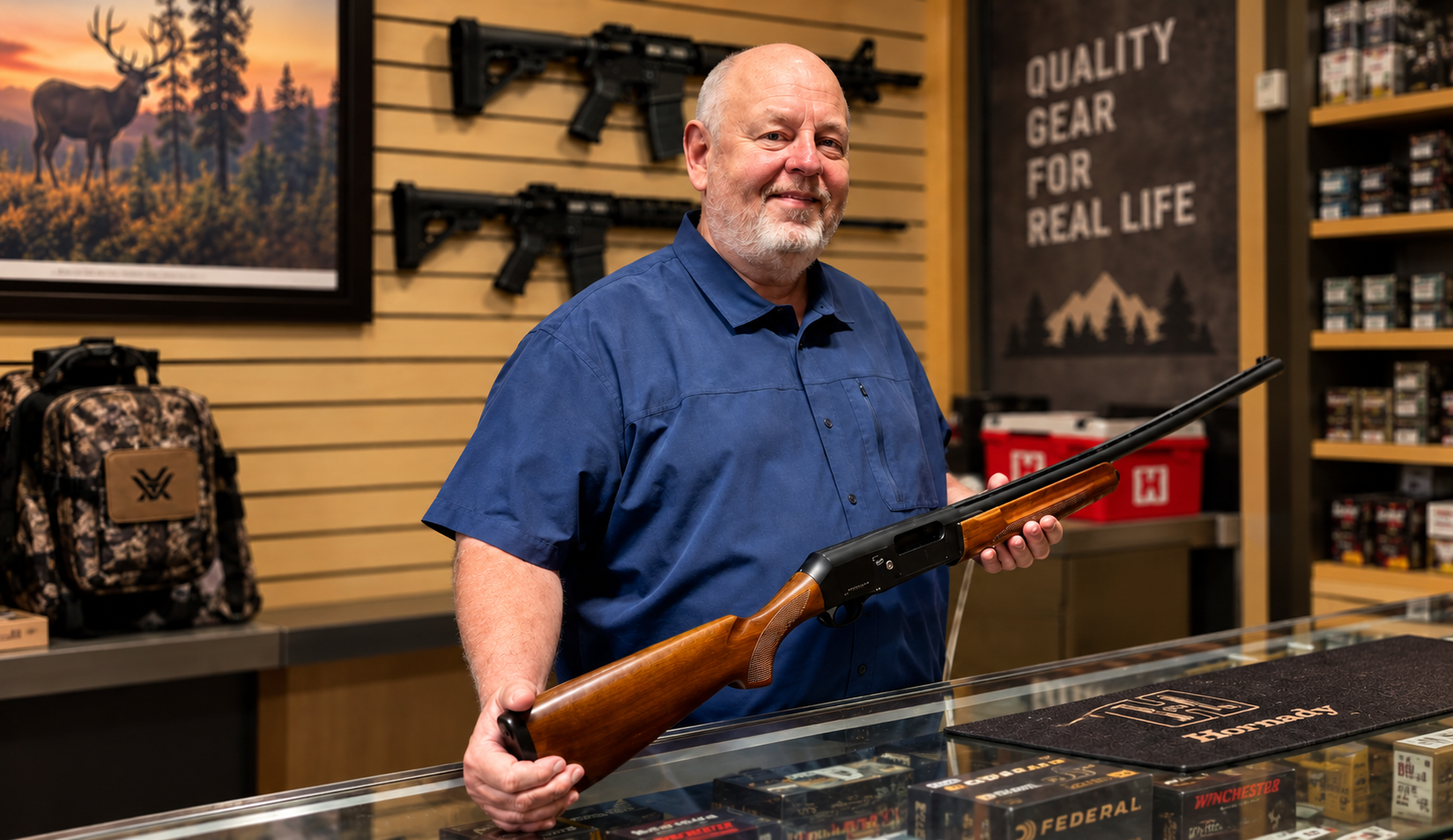 A smiling man in a blue shirt holding a shotgun inside a store that sells firearms and outdoor gear, with rifles mounted on the wall behind him and a sign that reads 'Quality Gear for Real Life'.