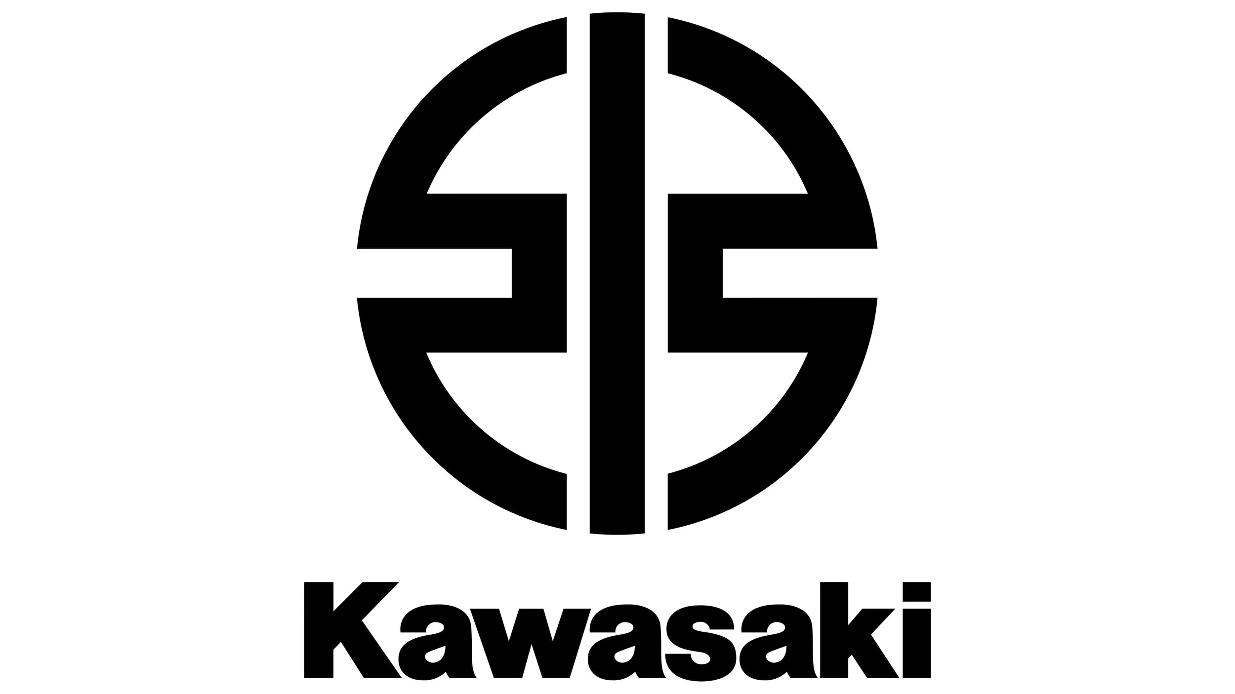 A black and white logo featuring a stylized circular 'K' with a horizontal line through it, and the word 'Kawasaki' underneath.
