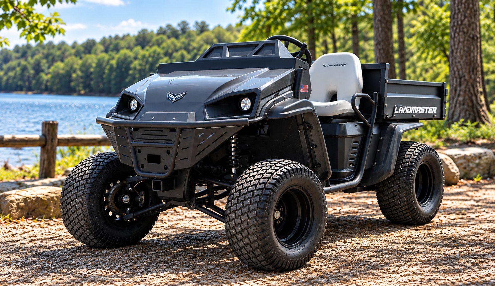 Black utility vehicle parked near lake surrounded by trees and rocks.
