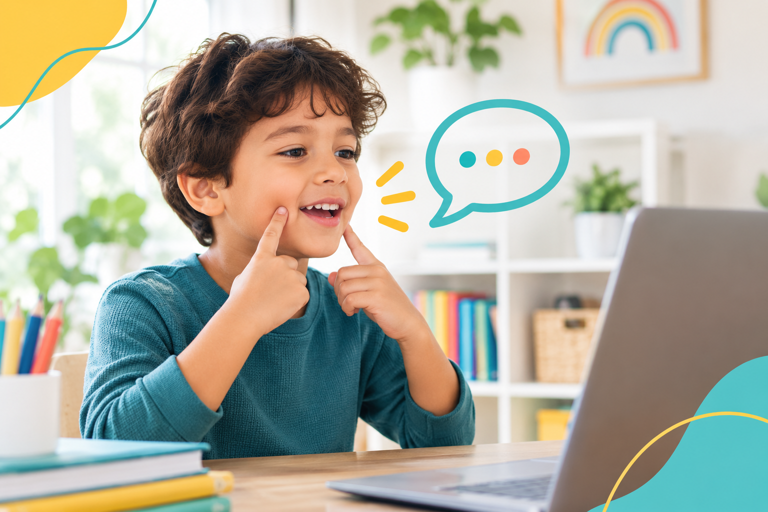 A young boy sitting at a desk, looking happily at a laptop, with a digital illustration of a speech bubble with colorful dots next to his face.