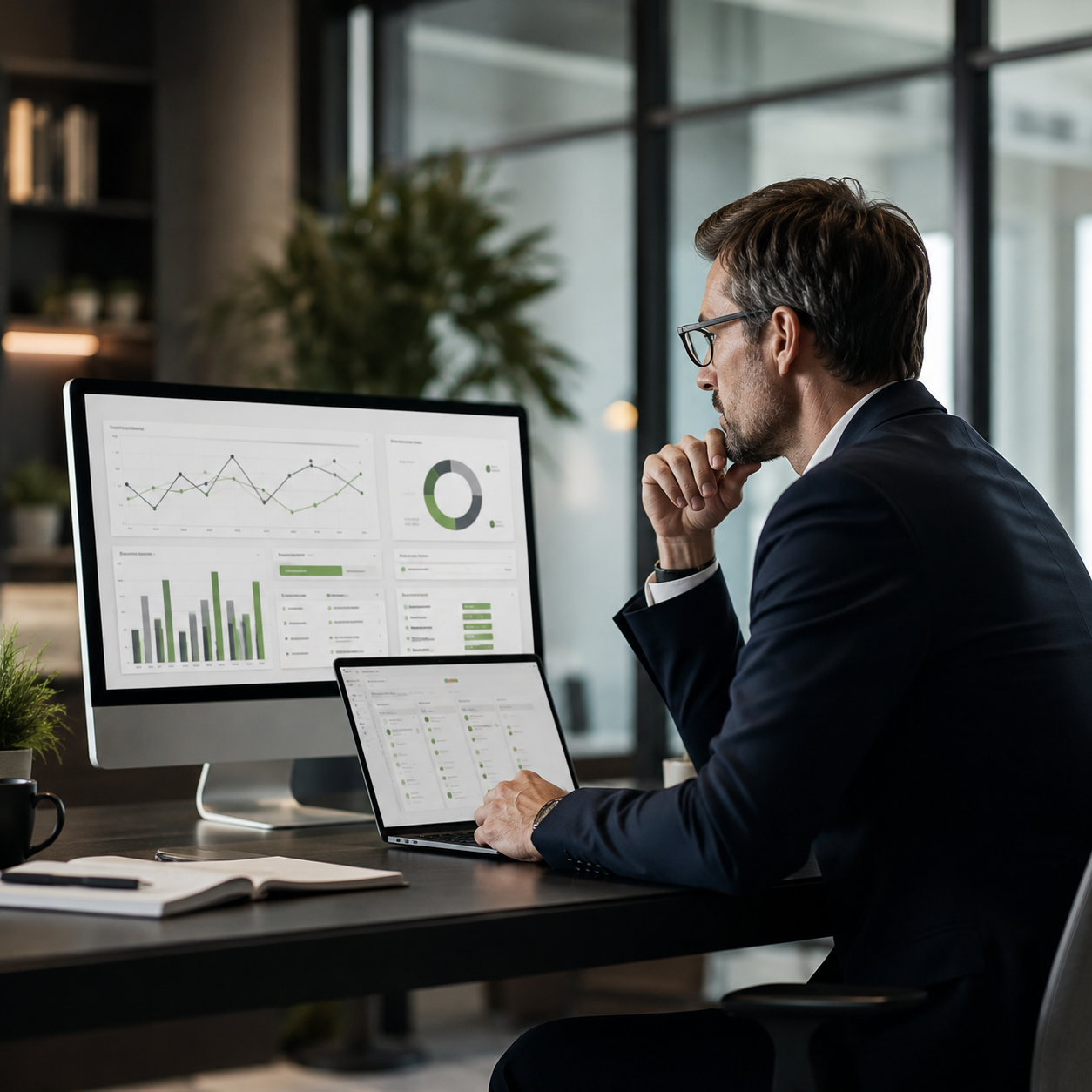 Hombre de negocios trabajando con gráficos y datos en una oficina moderna.