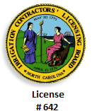 Seal of the North Carolina Licensing Board for Contractors with text 'License # 642' beneath it.