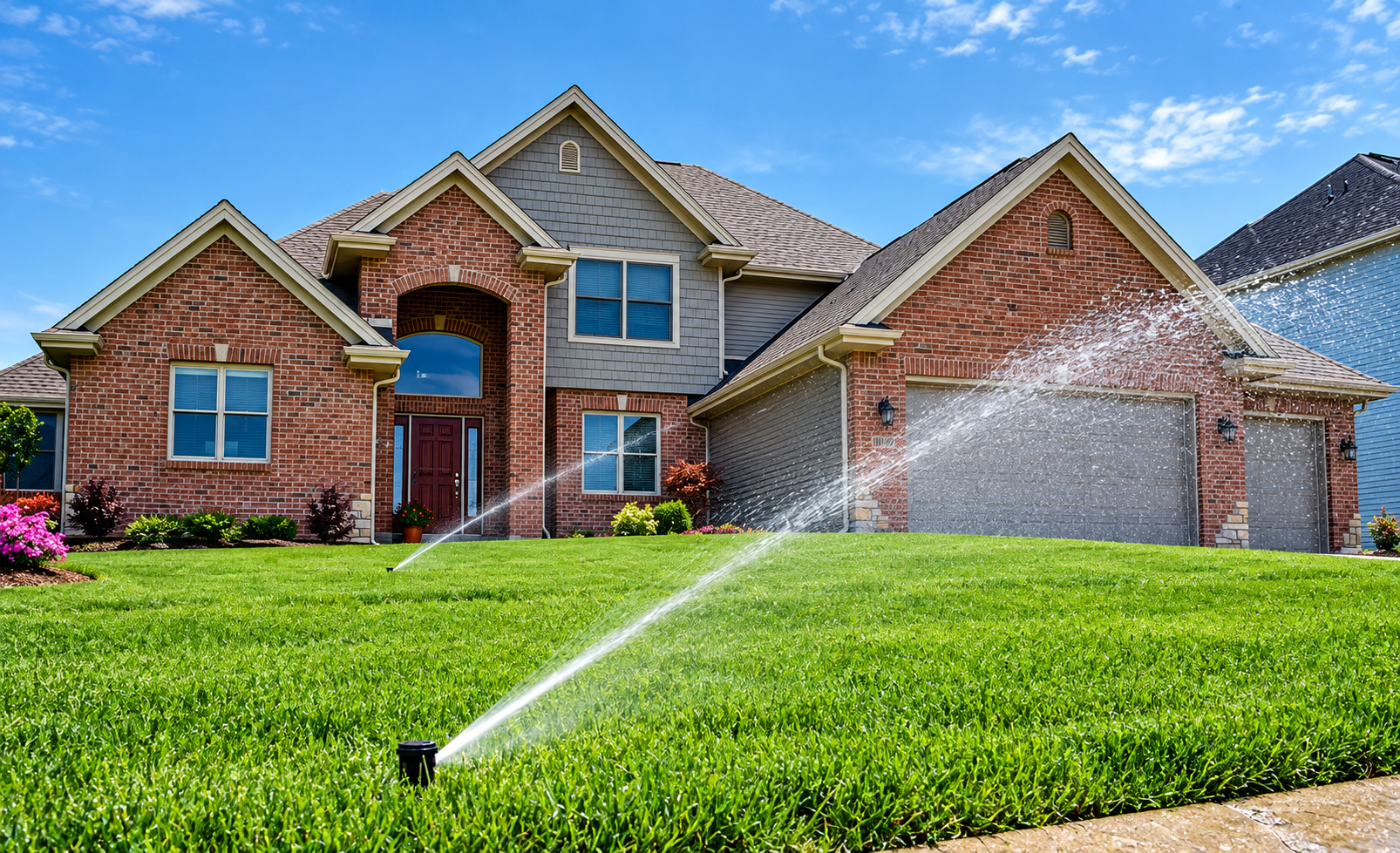 A two-story brick house with a manicured lawn and sprinkler system watering the grass, under a blue sky.