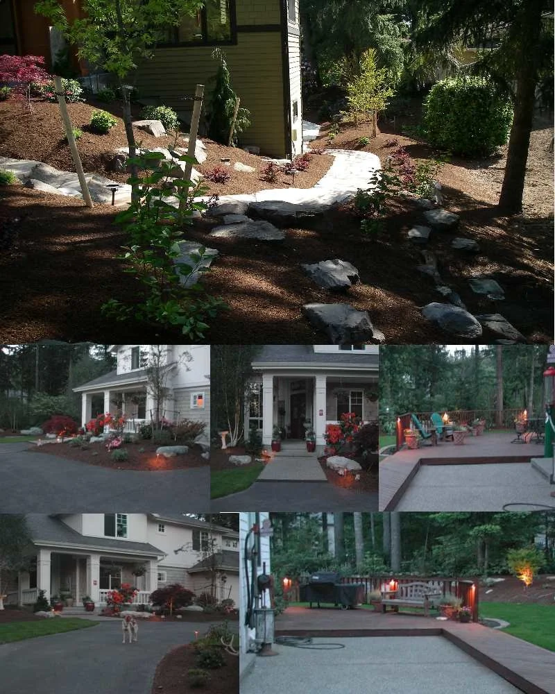 A collage of outdoor residential scenes featuring landscaped yards, pathways, a porch with decorations, and a backyard deck with seating and lighting.