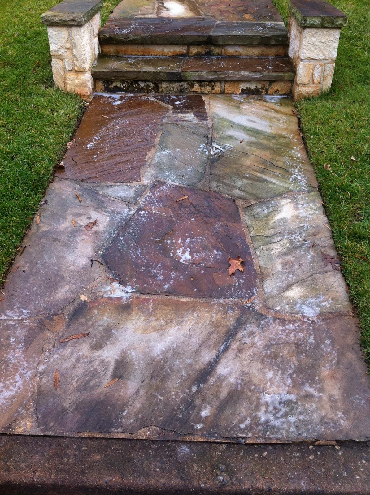 A stone pathway with steps leading up to a small stone and brick structure. The pathway is wet, with some fallen leaves and patches of ice or frost.