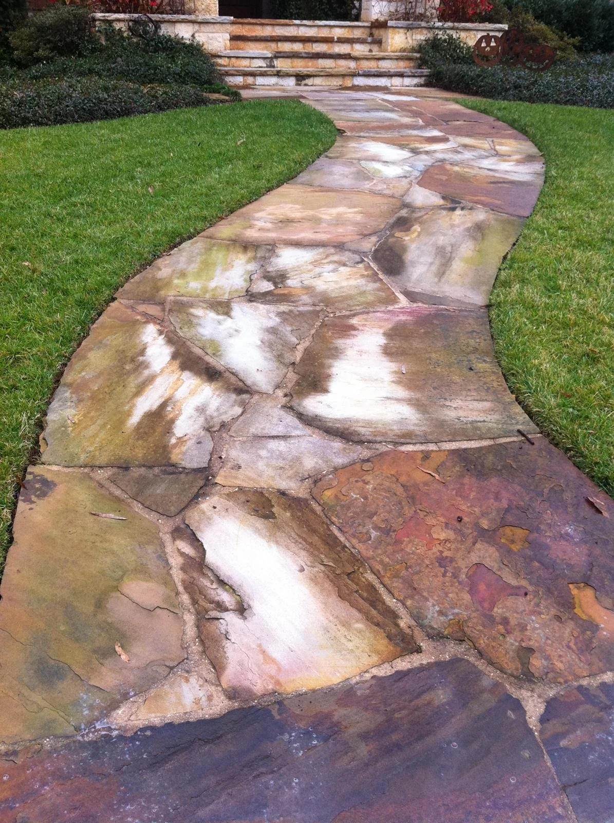 A curved stone pathway leading to a staircase with Halloween pumpkin decorations and shrubbery in the background.