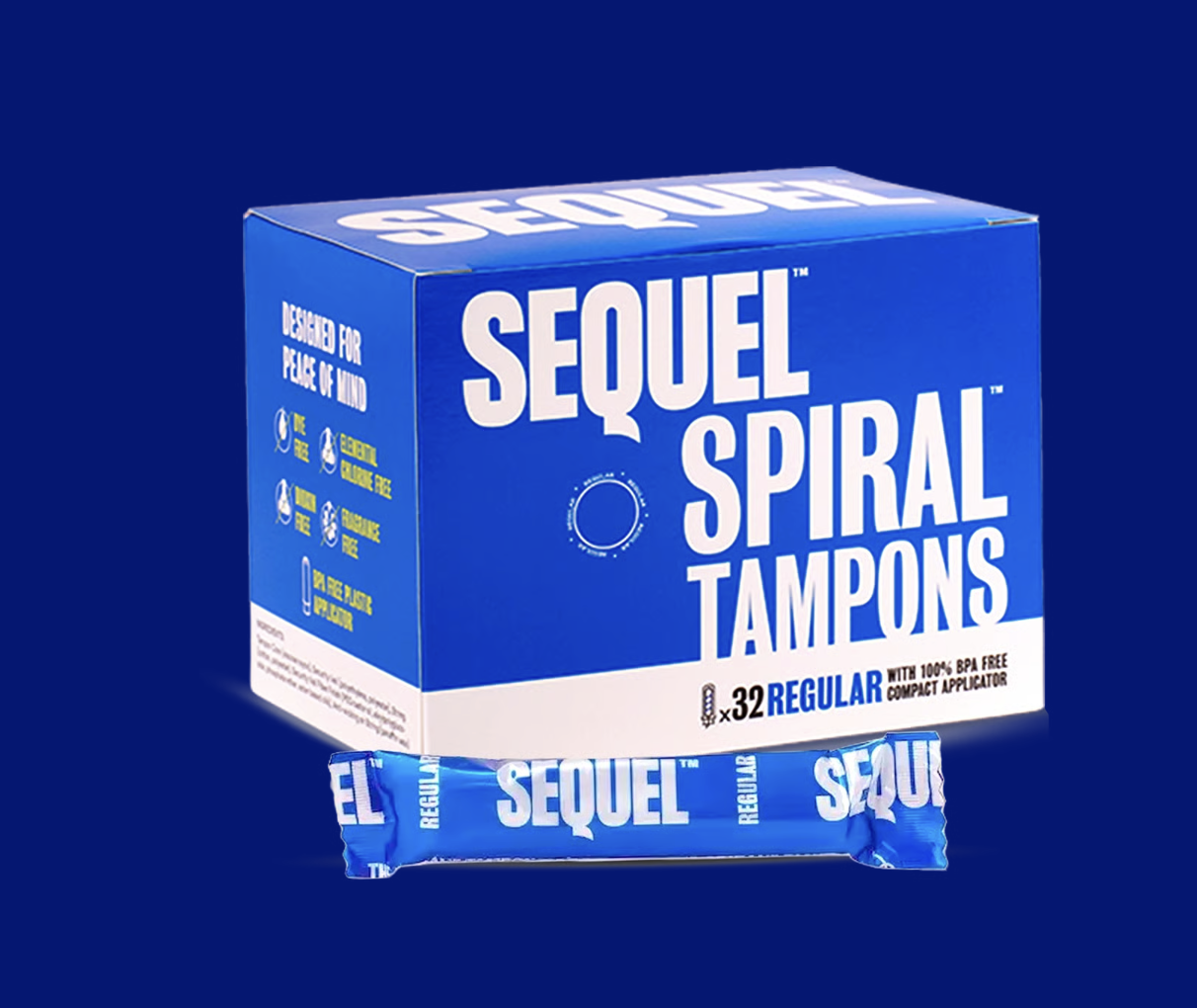 Box of Sequel Spiral Tampons with blue packaging, indicating they are regular size, 32 count, and made with 100% BPA free material.