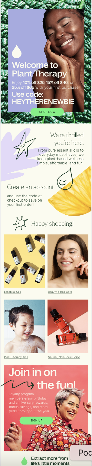 A colorful email featuring a smiling woman, essential oils, and skincare products, with promotional discounts and a call to action.