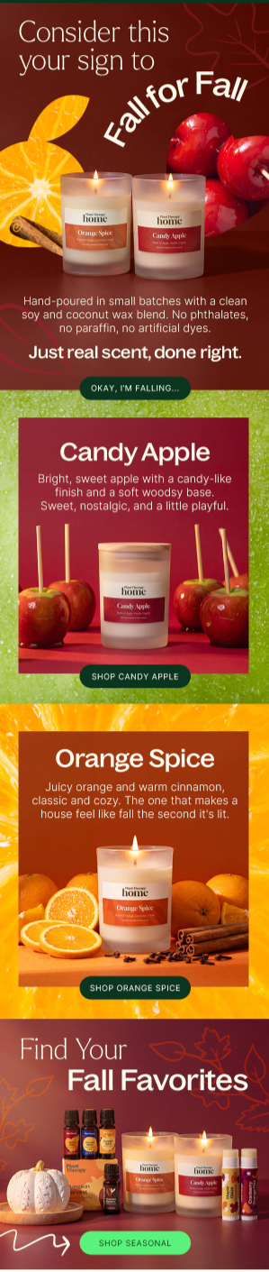 An email promoting fall-themed candles and scents, featuring orange spice and candy apple candles, with images of fresh oranges, apples, cinnamon sticks, and decorative fall elements.