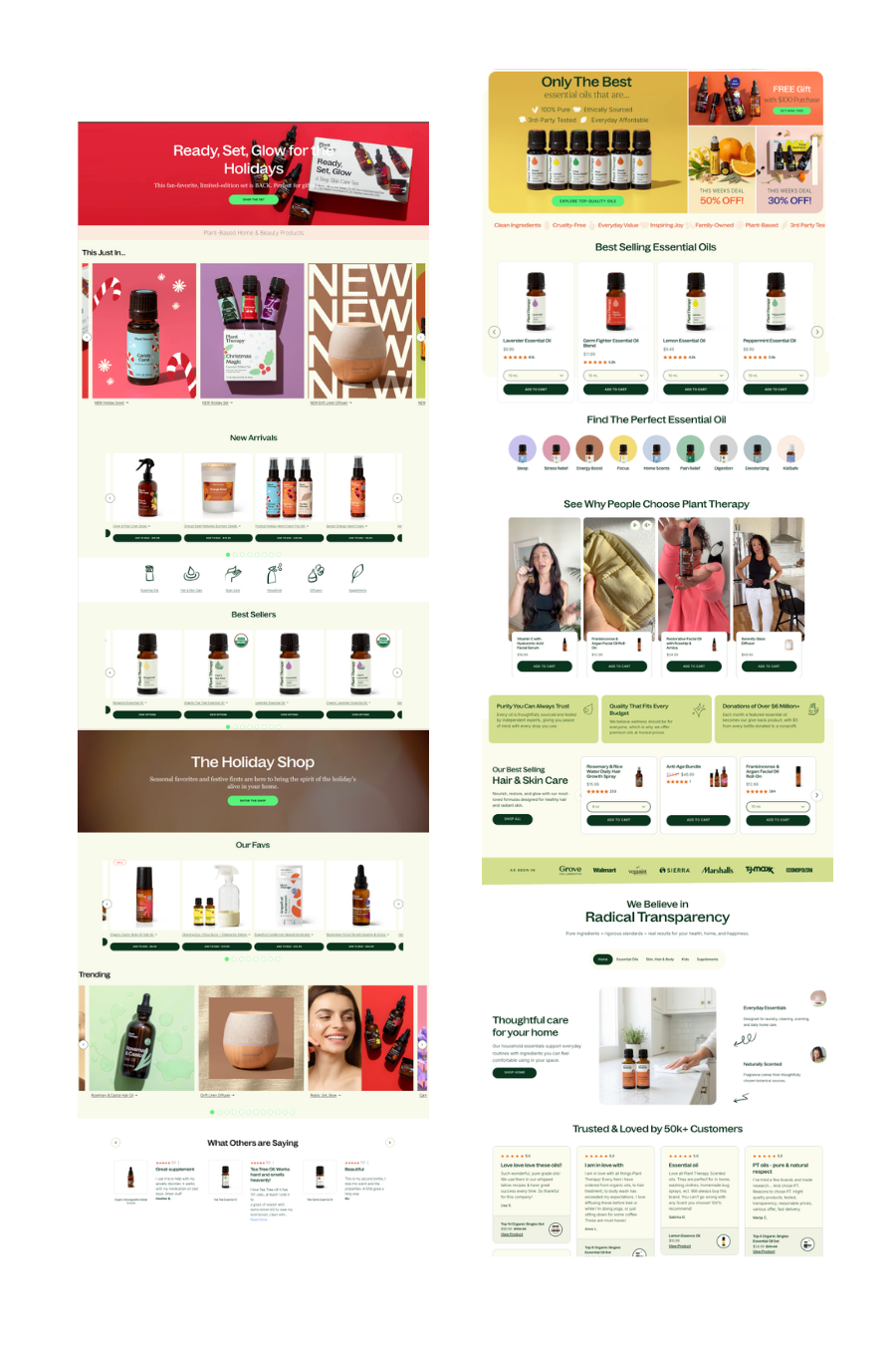 A collage of webpages featuring essential oils, health and wellness products, holiday-themed items, and customer reviews, promoting plant-based health care and natural remedies.