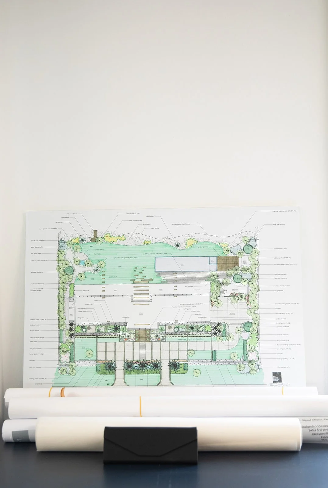 Hand-rendered landscape plan with pool, paths, and plantings
