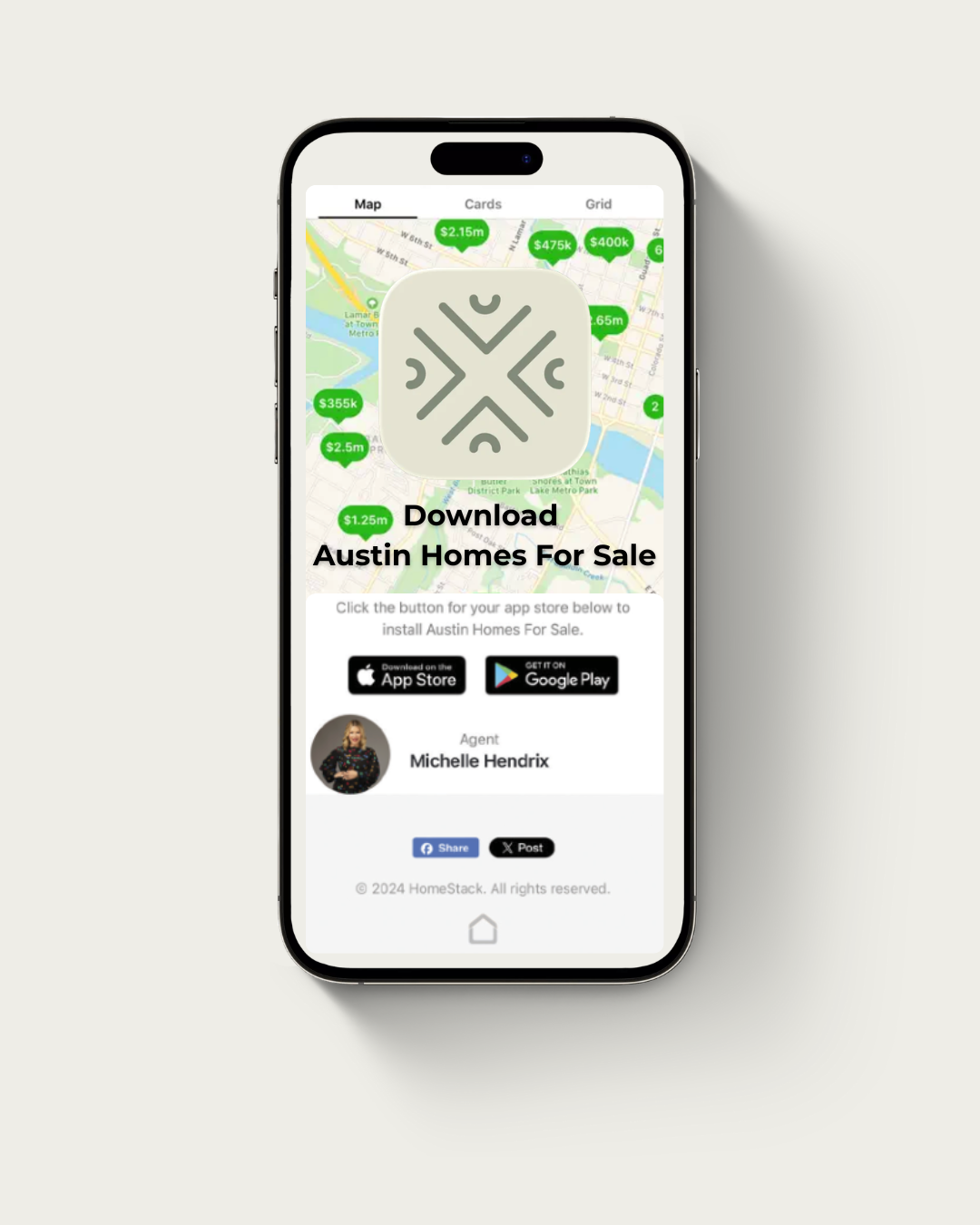 The Austin Homes for Sale app from Hendrix Residential Group, showing a map of Austin listings with prices and download links for iOS and Android.