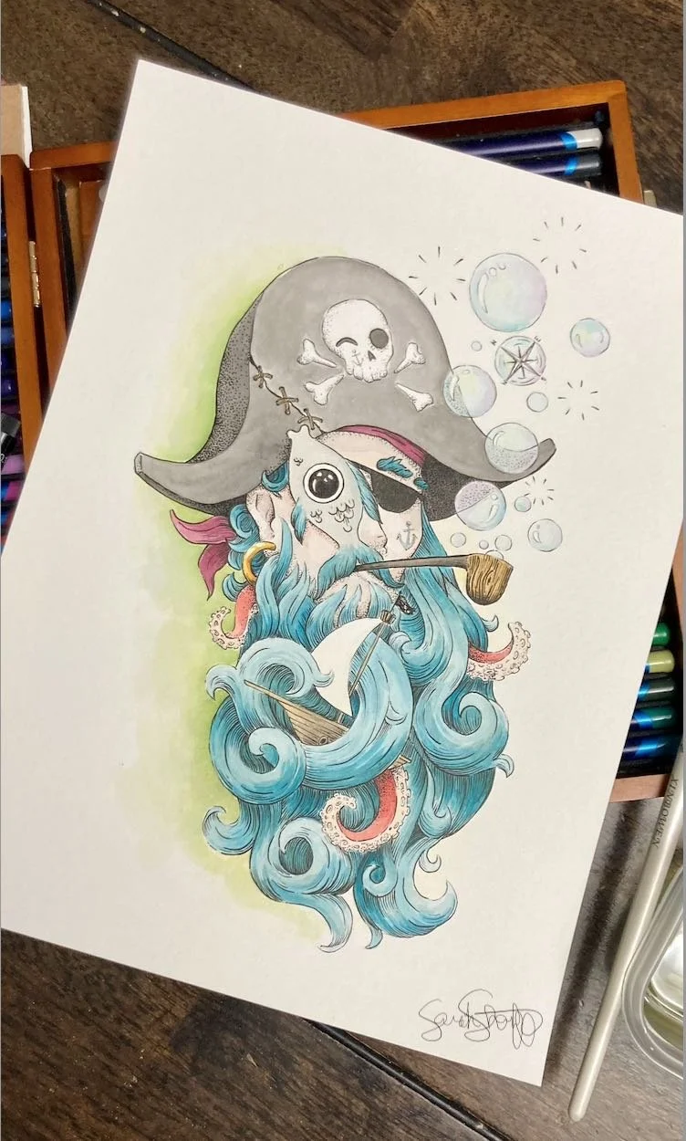 Watercolour illustration of a pirate