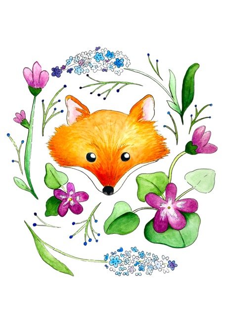 Fox illustration in watercolour with florals