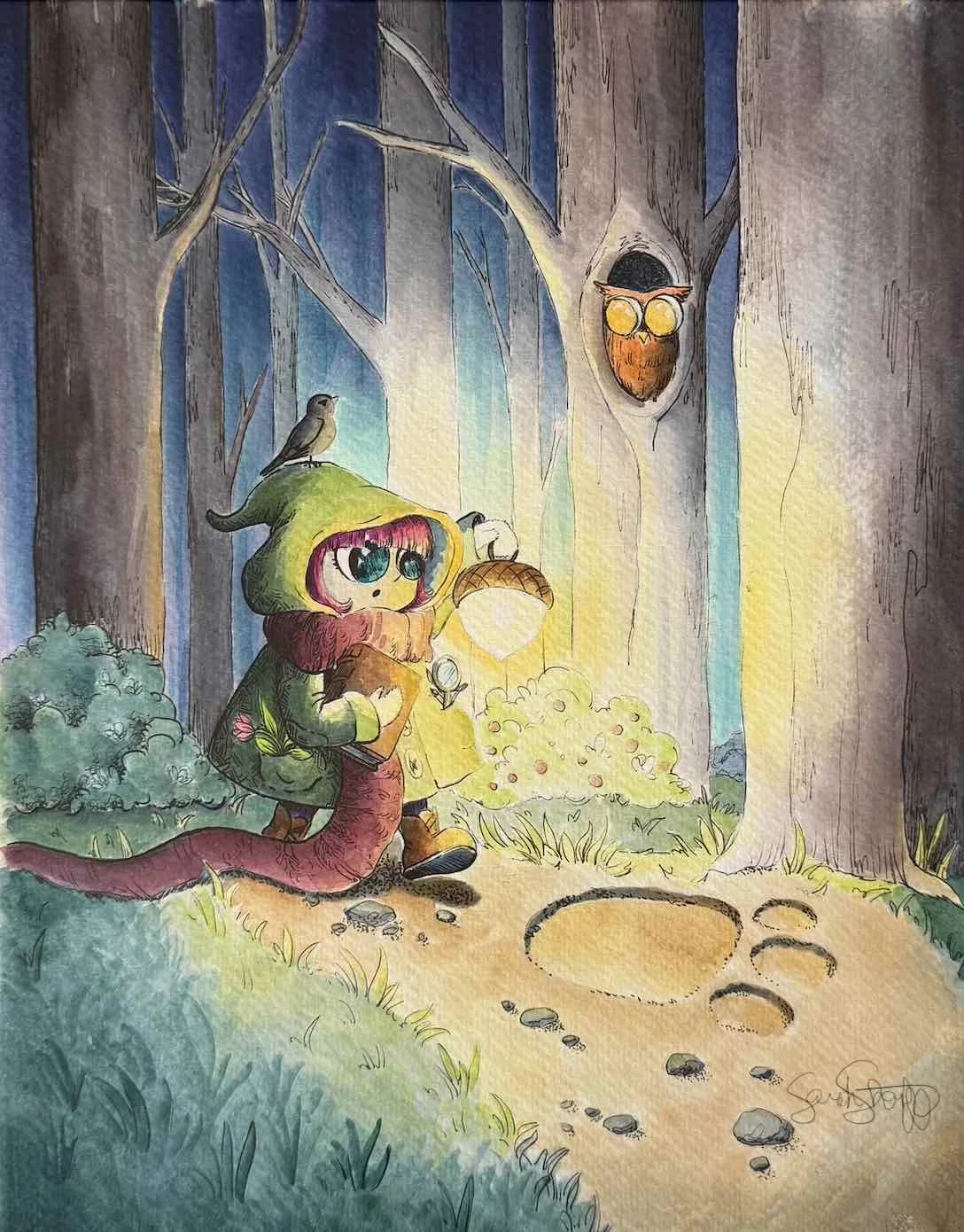 Illustration of a child holding a lantern walking through the forest