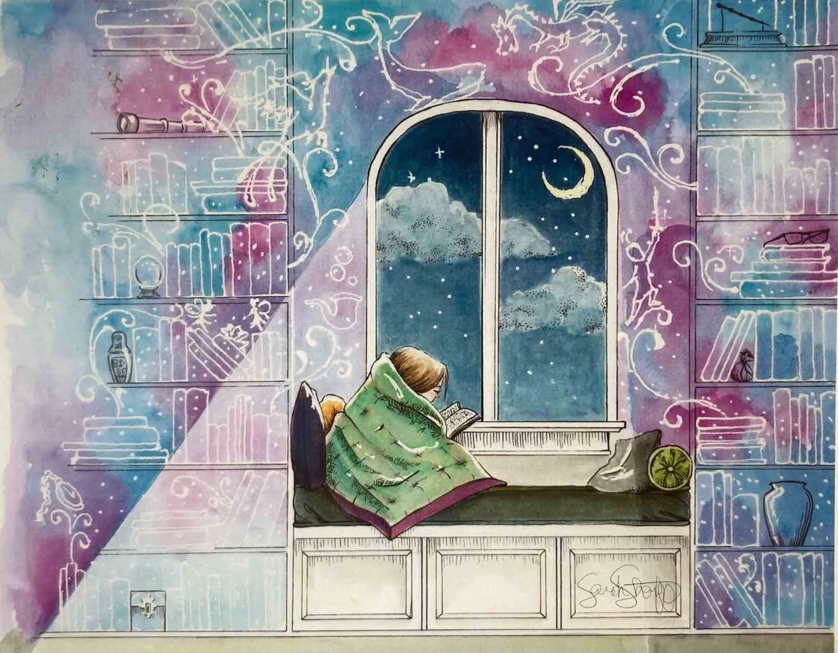 watercolour illustration of a child reading in a window nook