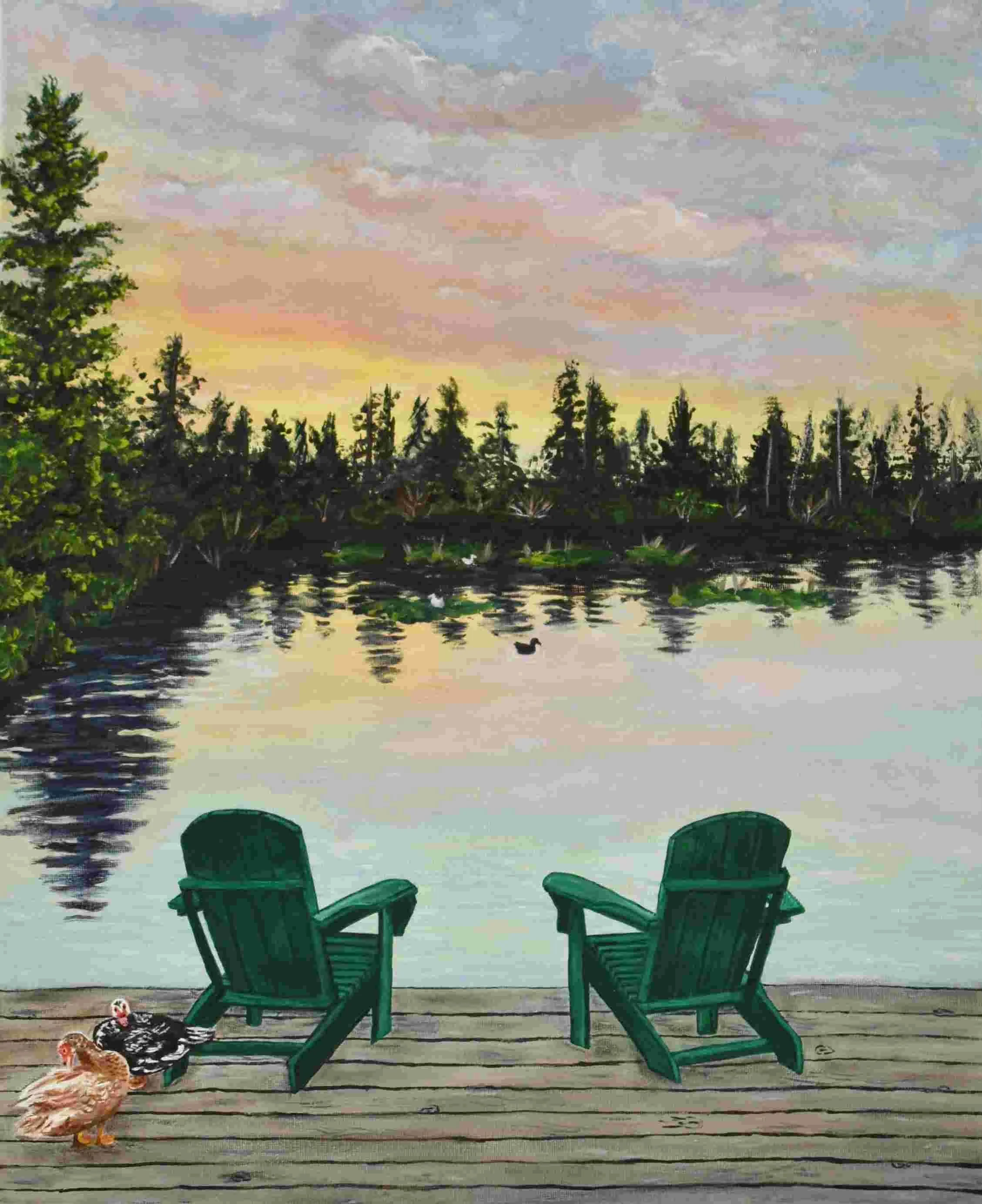 Painting of a sunset on a dock with two lawn chairs and two chickens