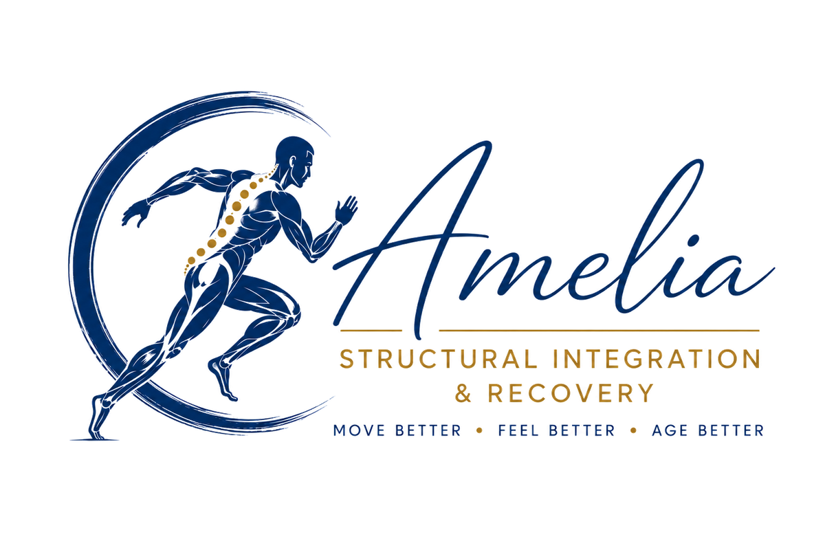 Logo for Amelia Structural Integration & Recovery featuring a stylized human figure running, surrounded by a curved line, with the name 'Amelia' in cursive and the tagline 'Move Better, Feel Better, Age Better'.