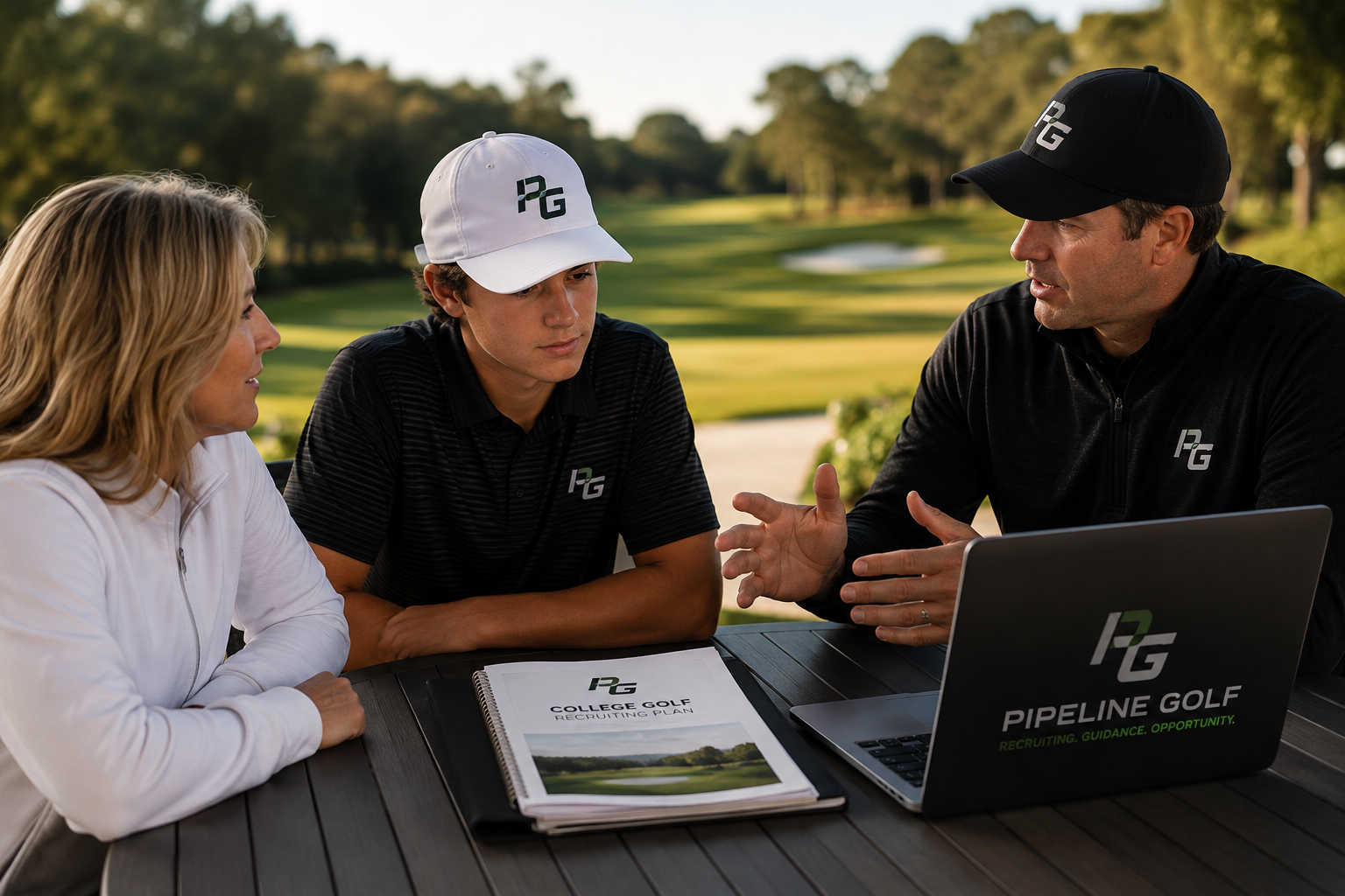 Three people sitting at a table outdoors, having a discussion about college golf recruiting. One woman, a teenage boy, and an adult man, all wearing golf hats and branded clothing with 'PG' logo, with a laptop and recruiting plan in front of them. Golf course in the background.