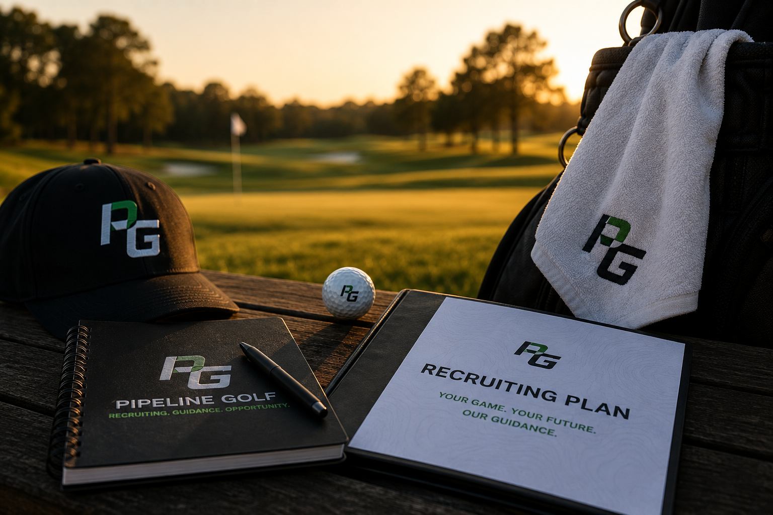 Golf course at sunset with golf-related materials on a wooden table, including a hat, golf ball, notebook, folder, towel, and backpack, all branded with the PG logo.