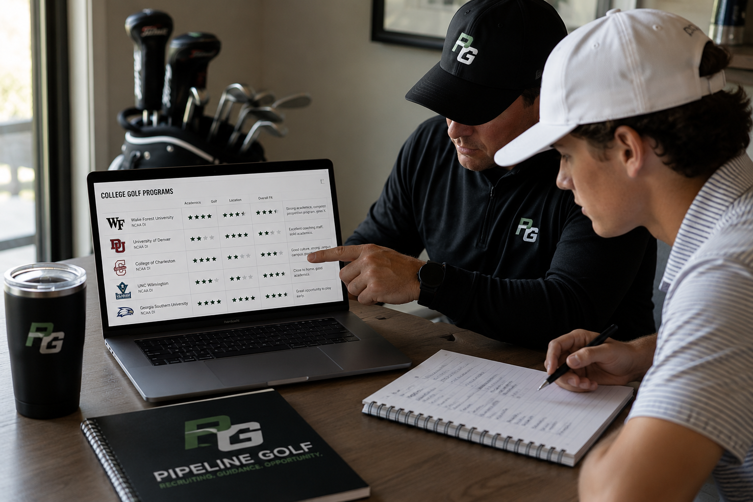 Two men sit at a table, one pointing at a laptop screen displaying a college golf programs chart, with a notepad, branded tumbler, and a folder labeled 'Pipeline Golf' on the table.