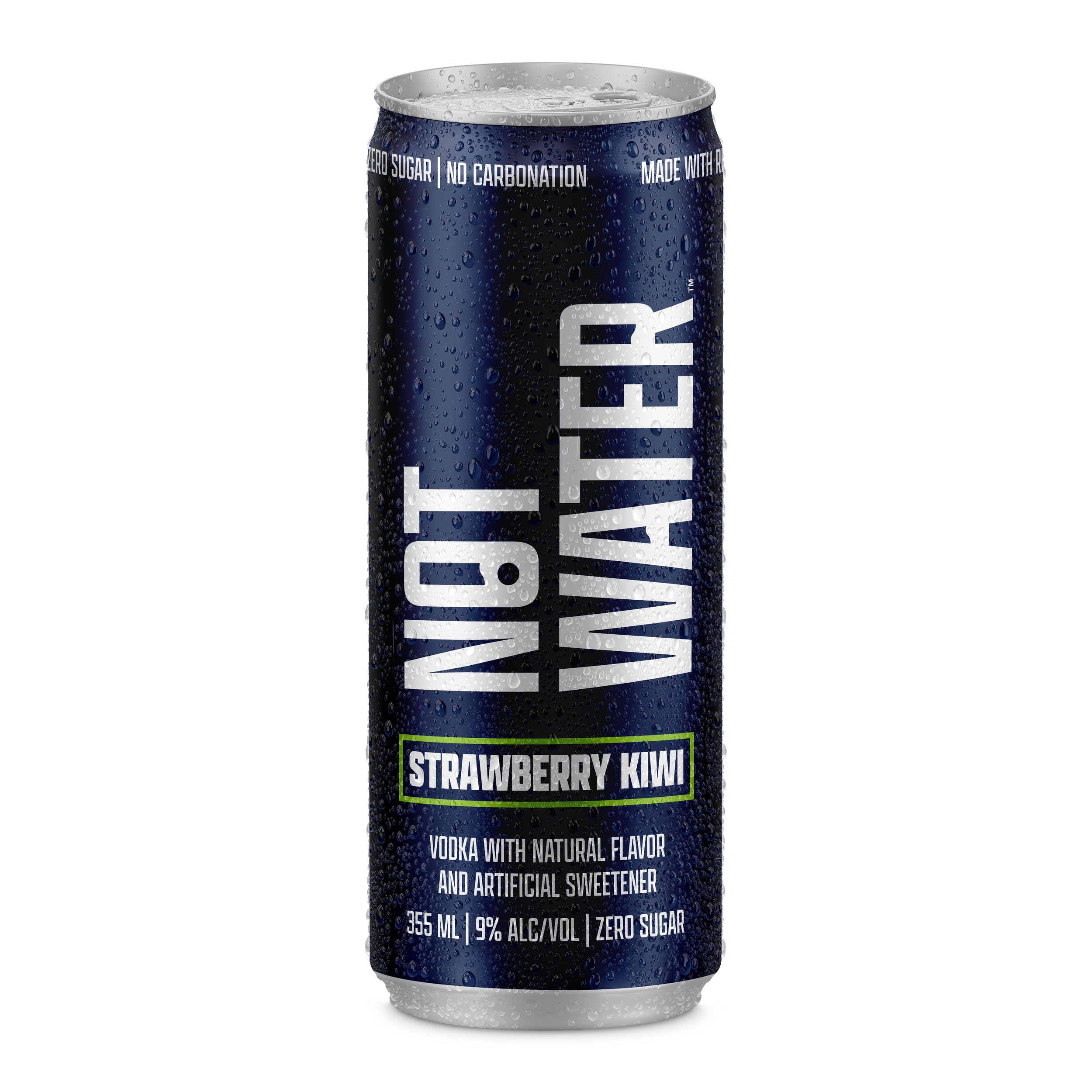 A can of Not Water. Zero sugar, no carbonation Strawberry Kiwi flavored vodka with natural flavor and artificial sweetener, 355 ml, 9% alcohol, zero sugar