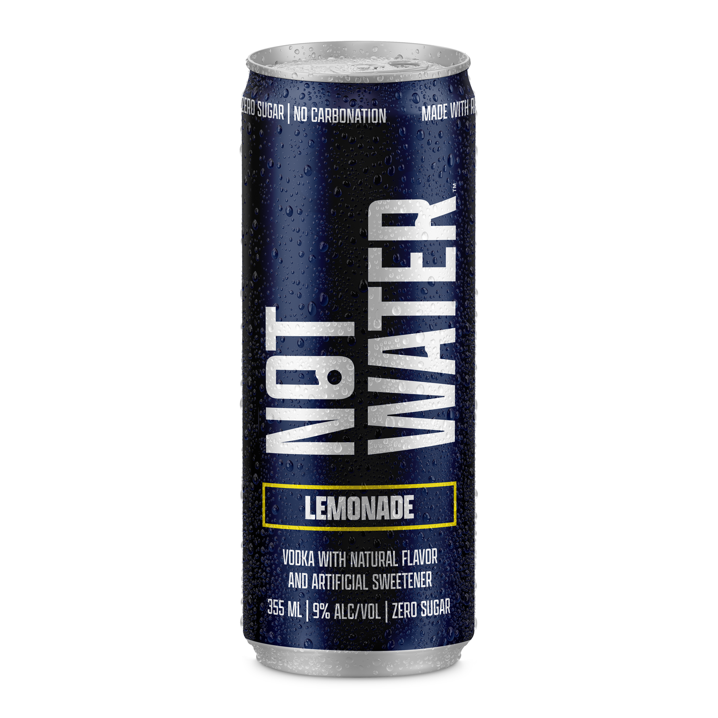 A can of Not Water. Zero sugar, no carbonation lemonade flavored vodka with natural flavor and artificial sweetener, 355 ml, 9% alcohol, zero sugar