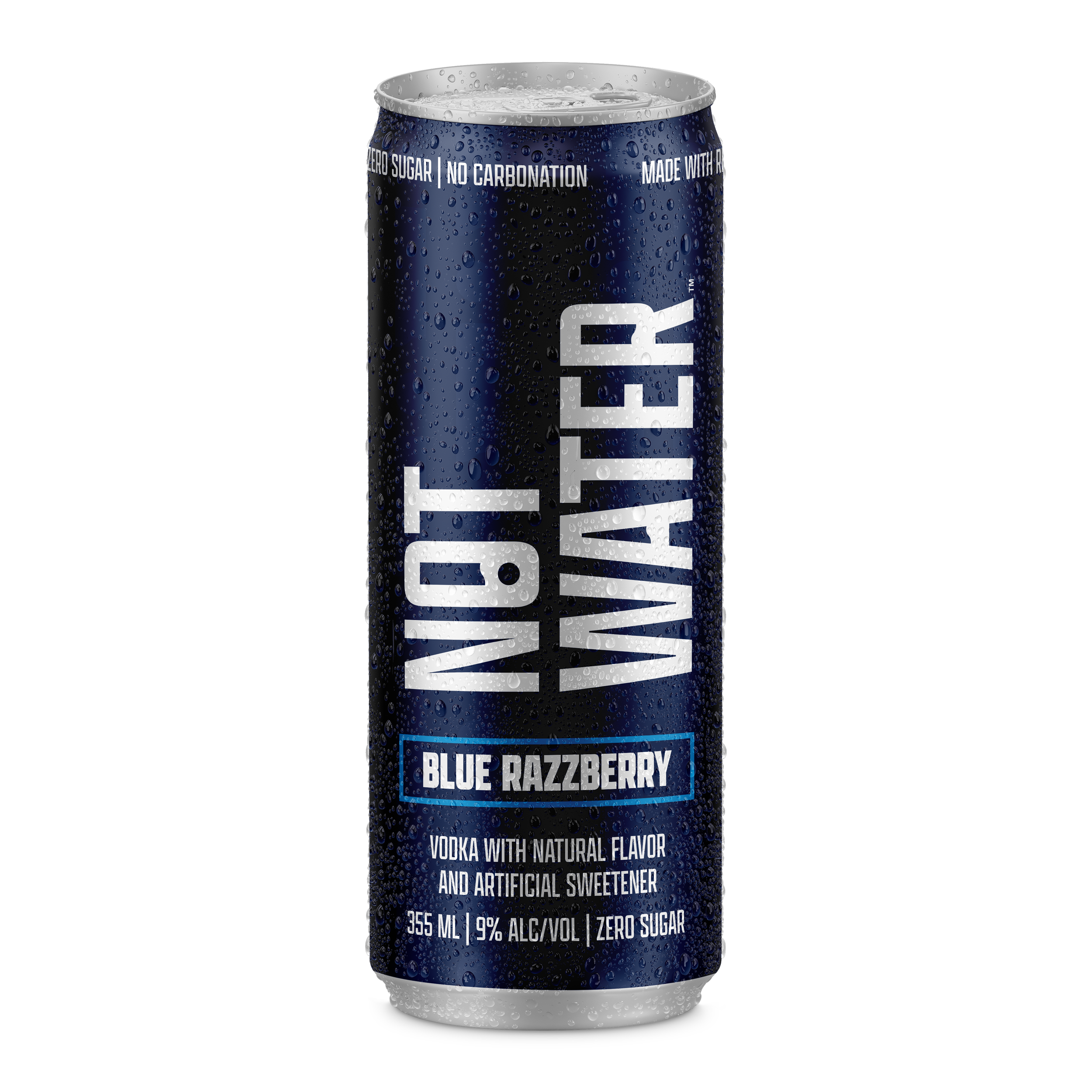 A can of Not Water. Zero sugar, no carbonation Blue Razzberry flavored vodka with natural flavor and artificial sweetener, 355 ml, 9% alcohol, zero sugar