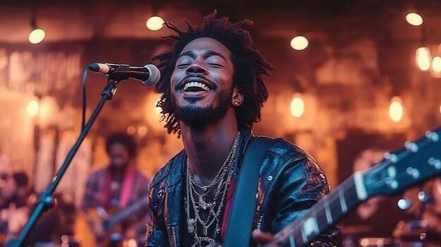 A man singing and playing guitar at a live music venue, with warm lighting and other musicians in the background.