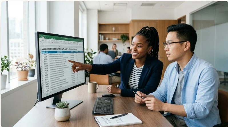 Two colleagues collaborating on a project at a desk in a modern office workspace, with a large monitor displaying a spreadsheet titled 'GOVERNMENT CONTRACTING DATA MACROSS'.