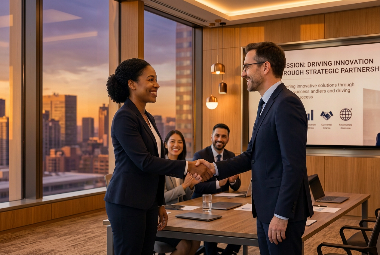 Business professionals shaking hands in a conference room during sunset. SAM.gov - government contracts.