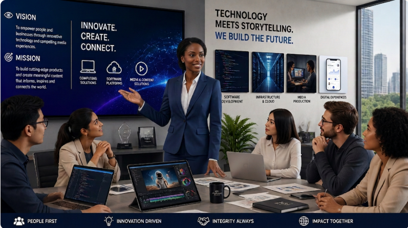 Businesswoman presenting to a diverse group of colleagues in a modern office with large screens displaying technology and media content.