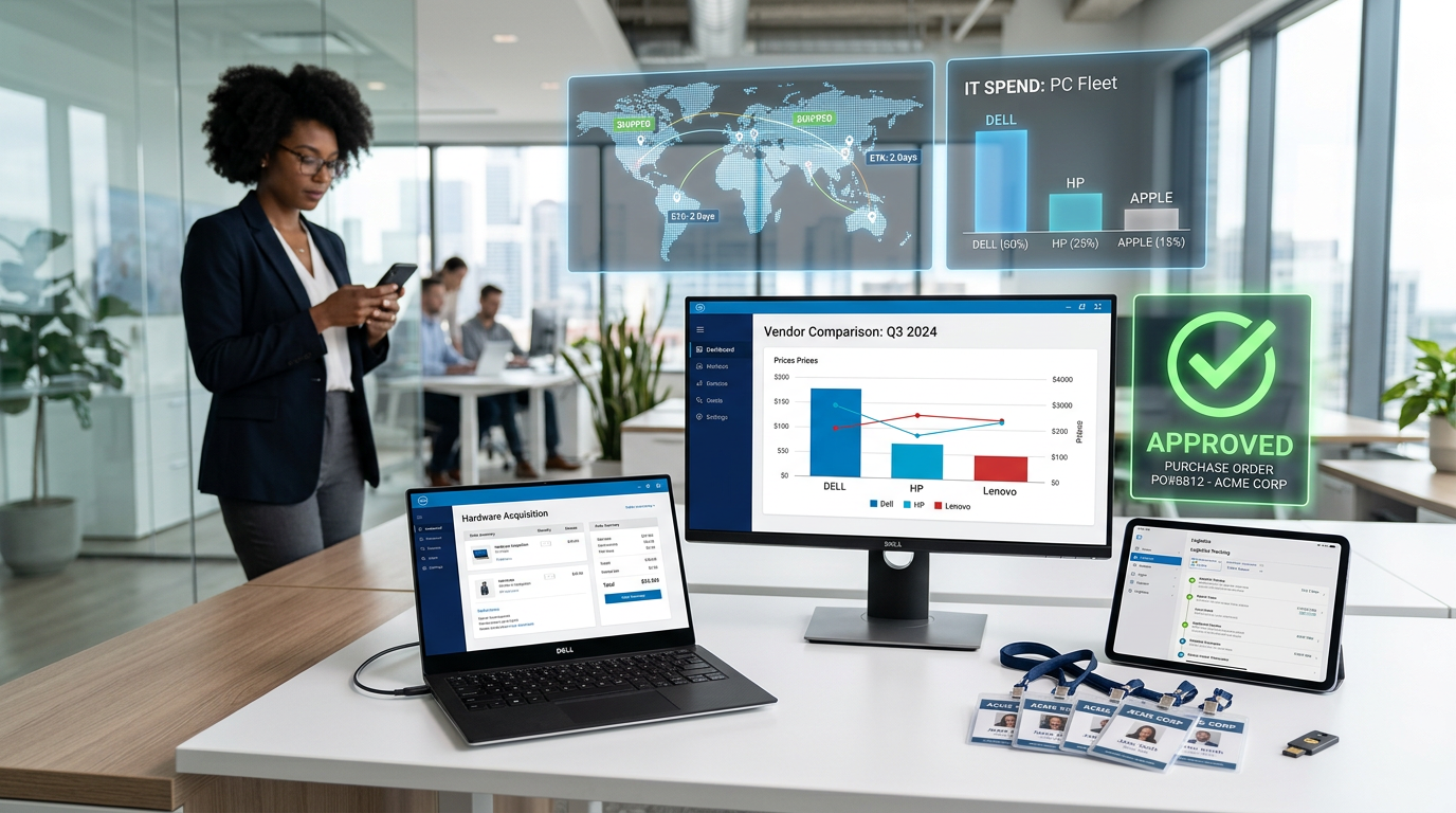 Federal IT Infrastructure and Procurement - Office conference room with multiple screens displaying business data, charts, and approval status, alongside laptops, tablets, and ID badges on a desk, with people working in the background.