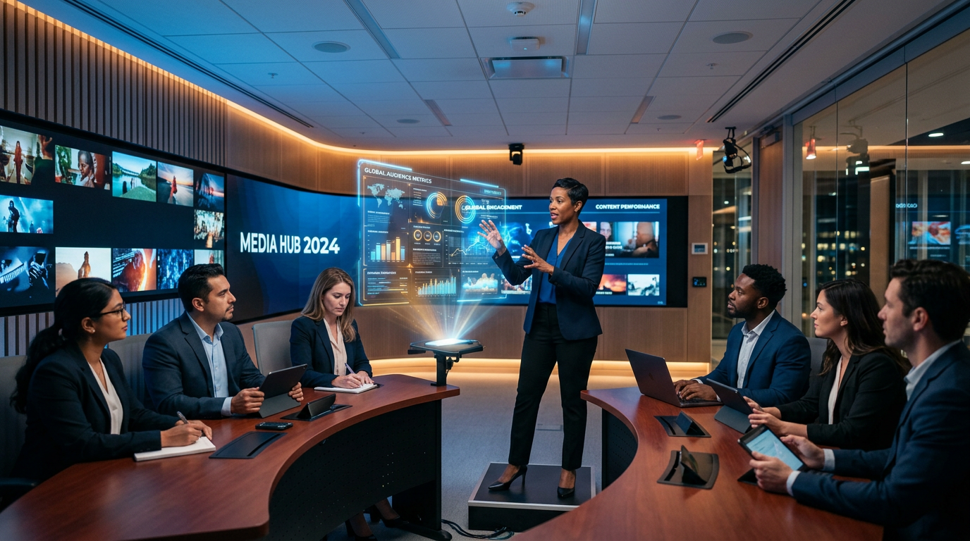 Businesswoman giving a presentation to a diverse group of colleagues in a modern conference room with digital displays.